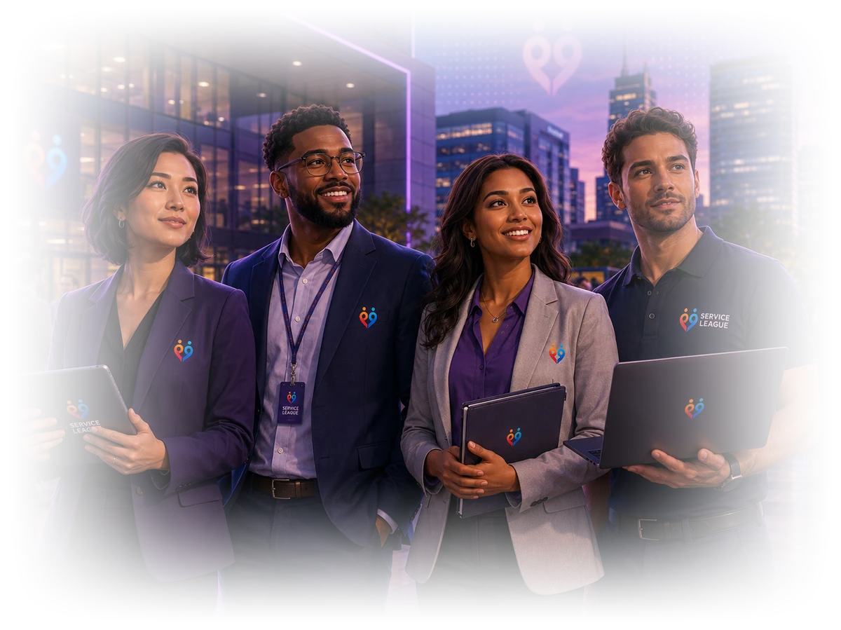 Four corporate professionals in Service League branded attire outside an office building at dusk, holding tablets and laptops.