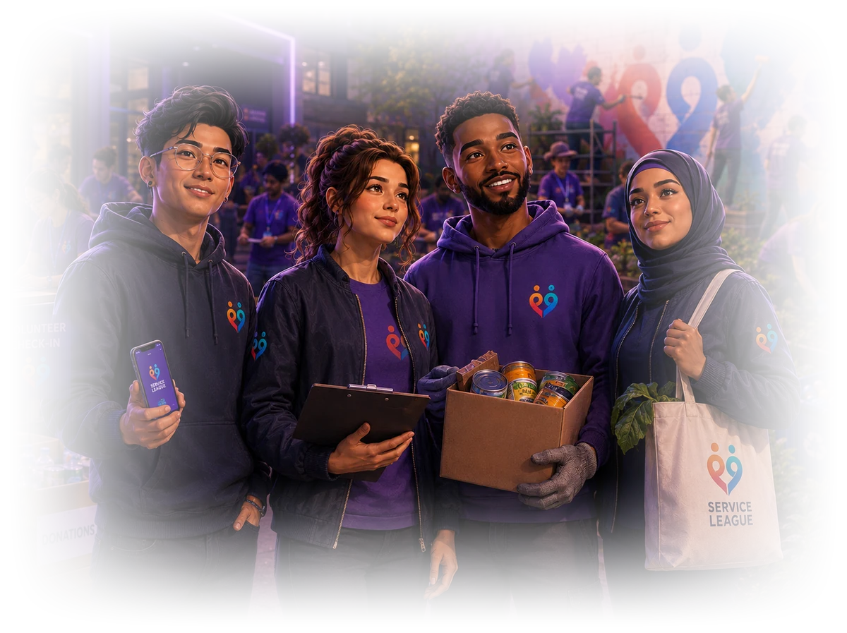 Four Service League volunteers in branded hoodies at a community event, holding a phone, a clipboard, a box of donated food and a Service League tote.